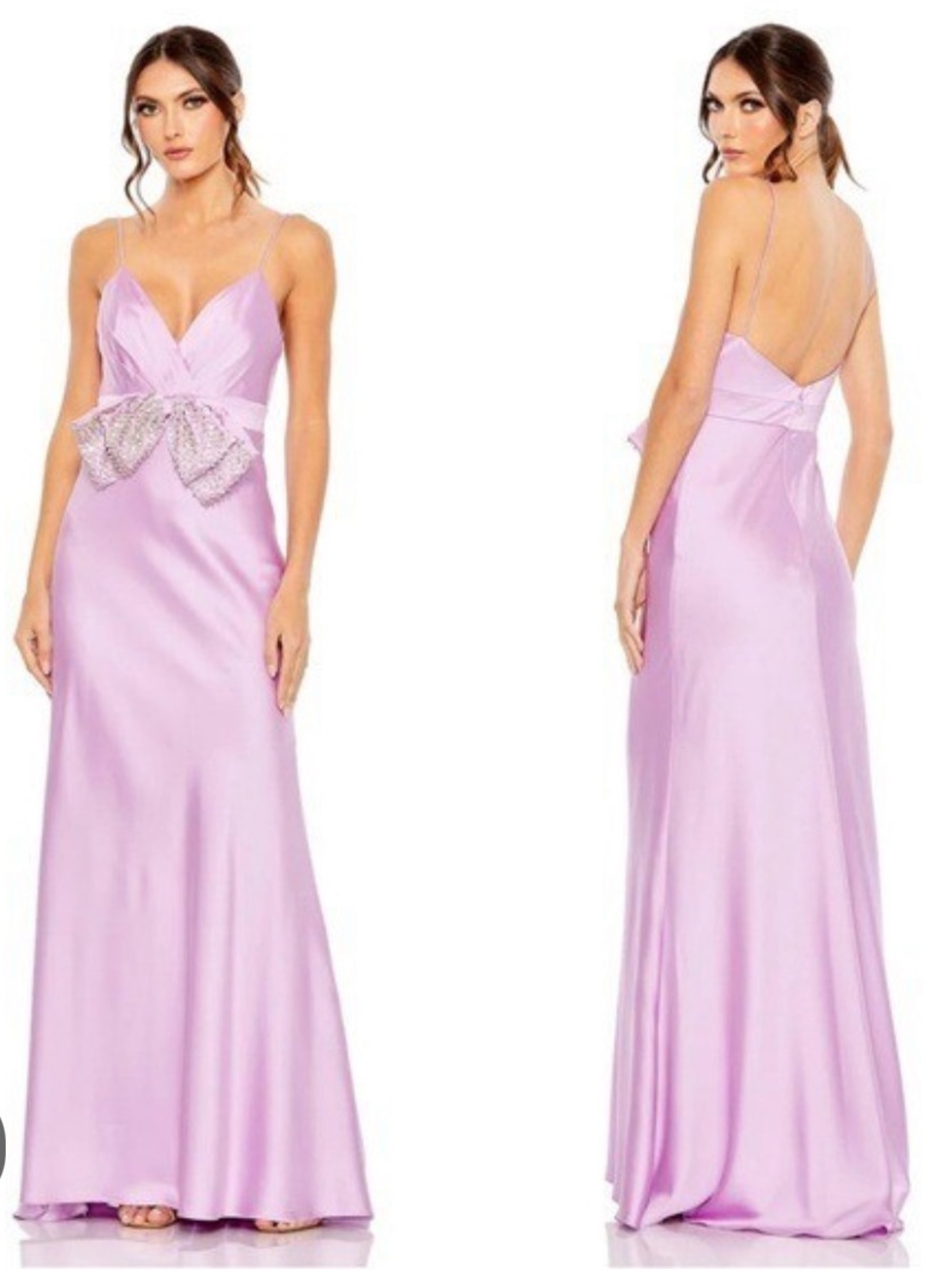 💜#70 BNWT Mac Duggal 68144 Lilac Satin Dress with Crystal-Embellished Bow - Picture 2 of 9